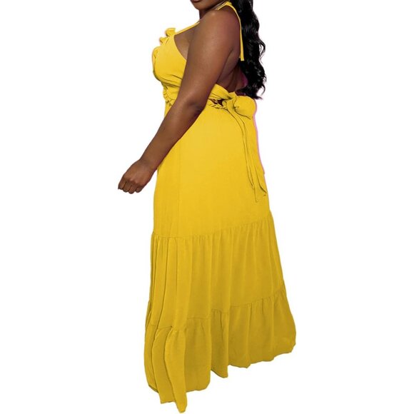 Womens Plus Size Maxi Dress Oversized Smocked Tiered Ruffle Flowing Sleeveless - Picture 6 of 6